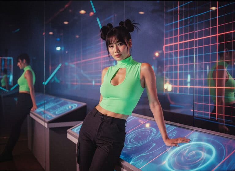 Futurystyczna stylizacja na wieczorne zwiedzanie muzeum – neonowy look Li Wei w akcji