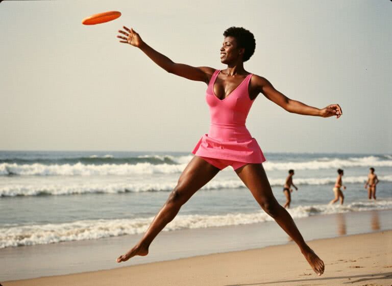 Neonowy kontrast na plaży – Aisha i jej dynamiczny strój frisbee